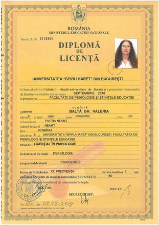Diplomă de licență în psihologie – Universitatea Spiru Haret