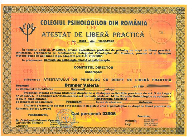 Atestat de liberă practică – Psihoterapie adleriană, Colegiul Psihologilor din România