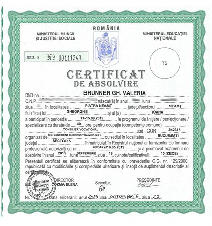 Certificat de absolvire – Consilier vocațional