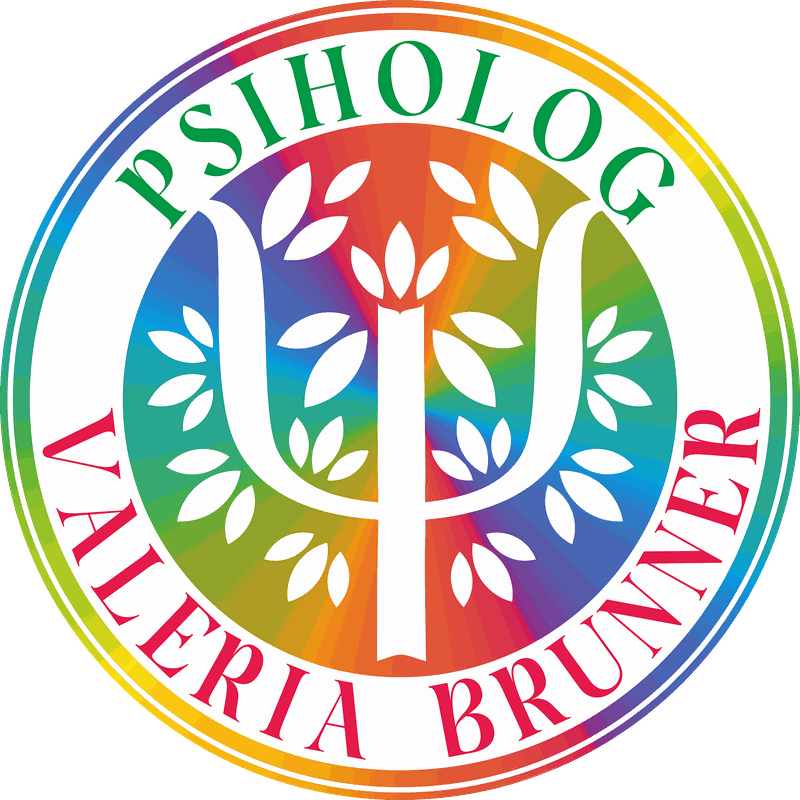 Logo Psiholog Valeria Brunner: simbolul psi și un copac stilizat, într-un cerc în culorile curcubeului